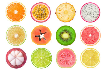 Fresh fruits cross sections isolated on white background. Orange, passion fruit, pineapple, dragon...