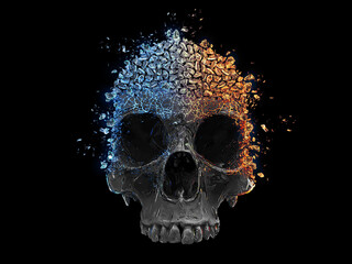 Skull breaking and disintegrating into blue and orange glowing crystal rocks