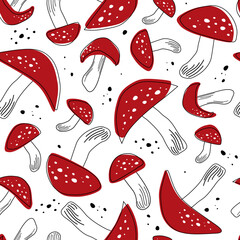 Seamless pattern with fly agarics. Autumn poisonous mushrooms. Simple plant abstract print. Vector graphics.