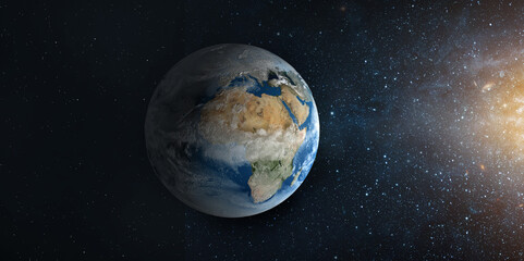 Fototapeta na wymiar Panoramic view of the Earth, sun, star and galaxy. Sunrise over planet Earth, view from space. Elements of this image furnished by NASA