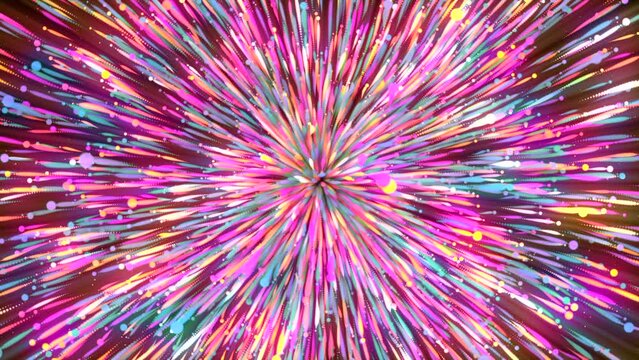 Colorful explosive flow with moving lines and particles. Motion. Luminous bright stream of energetic particles from point. Explosive ceiling of colorful glowing energy