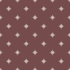 Vector geometric texture with small stars, diamonds, floral silhouettes. Elegant abstract brown and beige seamless pattern. Simple minimal background. Luxury repeat geo design for decor, print, fabric