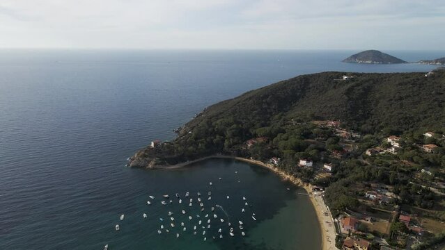 Aerial view of a small bay in Procchio along the coast on Elba Island, Italy.