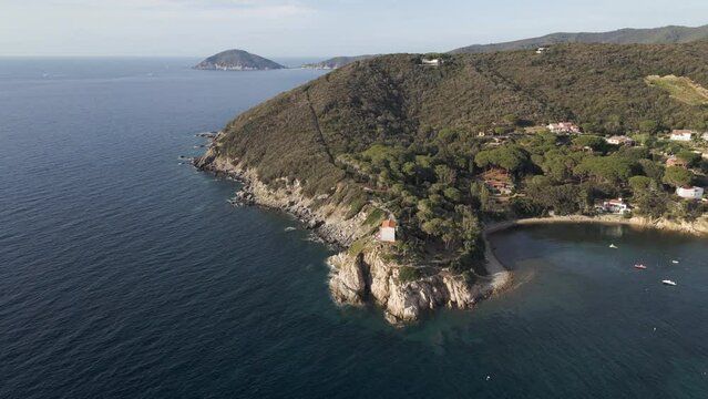 Aerial view of a small bay in Procchio along the coast on Elba Island, Italy.