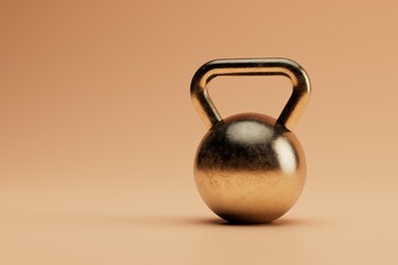 Obraz na płótnie Canvas training with kettlebells in the gym. professional powerlifting. kettlebell golden color with shadow on a pastel background with space for text. 3d render. 3d illustration