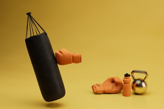 exercise in the gym. sports items. black punching bag, orange gloves, gold-colored kettlebell, protein shake shaker on a yellow background. 3d render.3d illustration