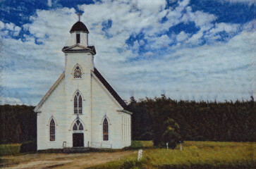 Fototapeta na wymiar Small Church by the road in Nova Scotia, Canada with white siding, bell tower, arched stained glass windows. Edited to create a post-modern graphic artwork. 