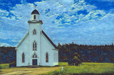 Small Church by the road in Nova Scotia, Canada with white siding, bell tower, arched stained glass windows.  Edited to create a post-modern graphic artwork. 