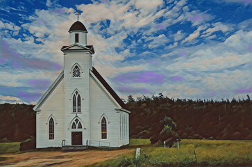Small Church by the road in Nova Scotia, Canada with white siding, bell tower, arched stained glass windows.  Edited to create a post-modern graphic artwork. 