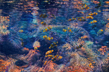 Naklejka na ściany i meble Large aquarium saltwater tank with bright, vibrant colors, Clown Fish, and other corral fish. Edited to look like a colorful painting. 
