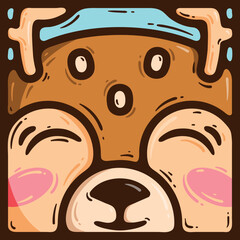 The muzzle of a smiling baby elephant with pink cheeks and small horns in a brown frame. Hand drawn Christmas logo with cute animal. Fragment of advent calendar. New Year 2025