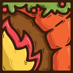 Christmas icon with a fragment of a fireplace. Handdrawn fire in the stove. Fir branches and Christmas balls on the fireplace.