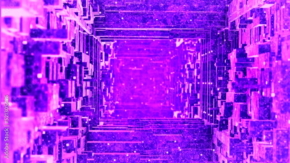 Poster purple and blue background. motion. bright cuts of broken off squares into tunnels running and sprea