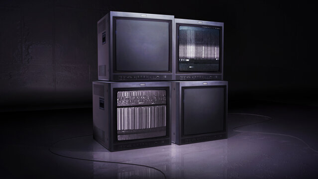 Old style television video wall, with TV noise in a dark, retro video, 3D rendering concept