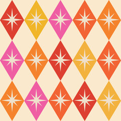 Mid century atomic starbursts over diamond argyle shapes in pink, orange, yellow and red. For textile, fabric, home décor and wallpaper  