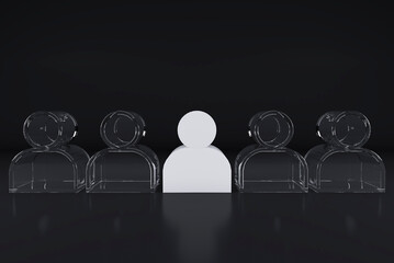 Be different, one man in white color among transparent people