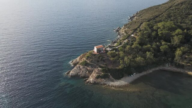 Aerial view of a small bay in Procchio along the coast on Elba Island, Italy.