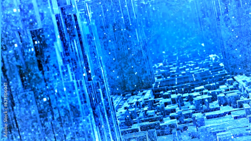 Poster purple and blue background. motion. bright cuts of broken off squares into tunnels running and sprea