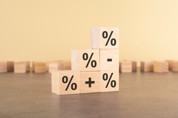 wooden cubes with percent signs. concept of financial and mortgage interest rate. with copy space.