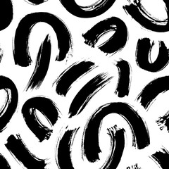 Semi circles brushstrokes vector seamless pattern. Round lines grunge texture. Hand drawn black and white geometric ornament with halved circles. Hand painted bold brush strokes abstract background 