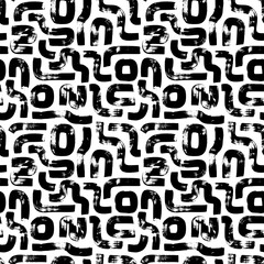 Hand drawn geometric shapes seamless pattern. Modern stylish texture. Square circle, curved round lines. Black wide brush strokes. Geometric motifs in retro style of 60s and 70s. Ink illustration