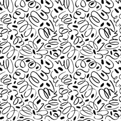 Simple swirled thin lines with dots vector seamless pattern. Simple childish scribble backdrop. Charcoal and pencil texture curved strokes. Black curved thin lines. Stylish monochrome doodles