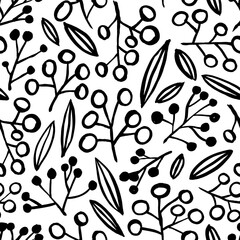 Outlined berries with stems and leaves seamless pattern. Doodled botany plants seamless repeat ornament. Merry Christmas, Happy New Year pattern with branches, leaves, berries. Various vector elements