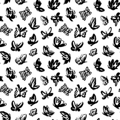 Black butterflies vector seamless pattern. Hand drawn modern ink graphic art. Trendy animal motif wallpaper, black vector insects. Pattern of artistic simple moths. Stylish graphic texture