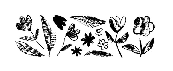 Imprinted flowers and leaves with black grunge texture. Monochrome grunge botanical set of clip art. Hand drawn charcoal and pencil drawing. Vector blossom silhouettes isolated on white background.