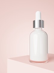 Cosmetic serum dropper bottle on podium with pastel pink background 3D render, care product packaging and branding