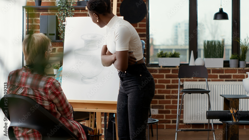 Poster art teacher training senior woman to draw artwork in art class program, using creativity and artisti