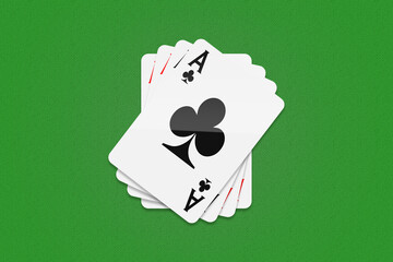 Simple stack of four aces cards on the green background