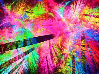 Creación de arte conceptual digital compuesto de rayas negras cruzadas sobre manchas de colores vivos en un conjunto con aspecto de ser un bosque prehistórico volviendo a la vida.