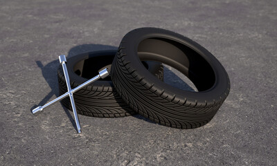 Car tires with wrench on asphalt. Tire fitting concept. 3D rendering