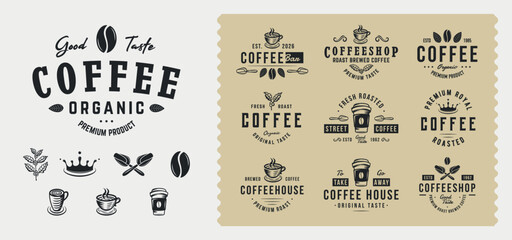 Vintage Coffee logo set. Set of 10 coffee logo templates and 7 design elements for Cafe, Restaurant, Coffee Shop emblems and posters. Vector illustration