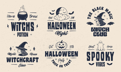 Halloween vintage emblems. Witch's, Pumpkin, Ghost emblems. Halloween label, badges designs. Retro prints for T-shirt, typography. Vector illustration
