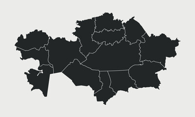 Kazakhstan map with regions, provinces isolated on white background. Outline map of Kazakhstan. Vector illustration