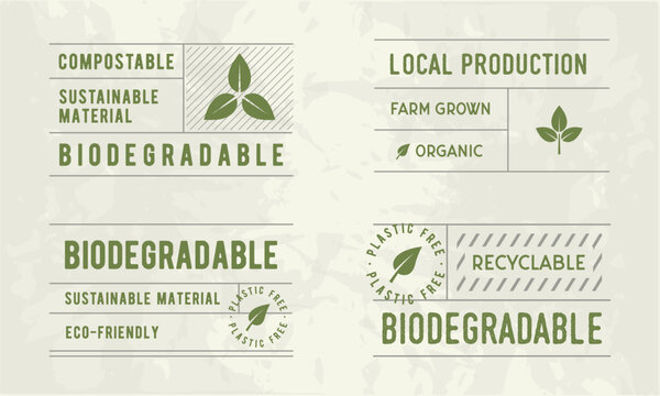 Bio tags set. Biodegradable, compostable vintage labels. Eco vintage labels for organic products, restaurants, food stores and packaging. Vector illustration