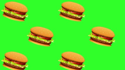 Burger falling from the sky with green screen background. Seamless video, Burger animation. Abstract animation of animated Burger falling on the screen