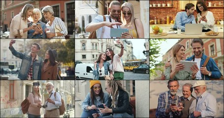 Many diverse young and old people outdoors using gadgets. Senior couple taking selfie on smartphone, young happy couple using tablet on street. Female friends taking photos together, multi screen - Powered by Adobe