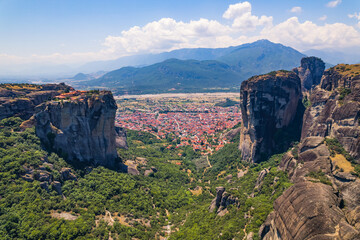 Fototapeta na wymiar stunning aerial view of the famous monasteries on the tops of stone pillars in Meteora, Greece. High quality photo