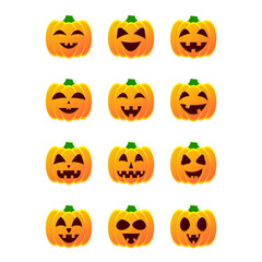 Pumpkins icon set. Halloween pumpkins with funny face. Halloween pumpkin lanterns isolated on white background. Template for banner, poster, party invitation. Vector illustration