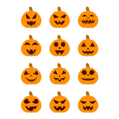 Pumpkins icon set. Halloween pumpkins with scary face. Halloween pumpkin lanterns isolated on white background. Template for banner, poster, party invitation. Vector illustration