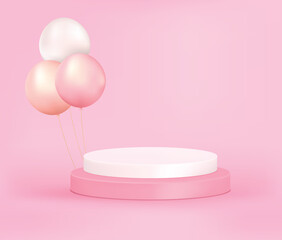 Product display podium with pearls balloon on pink background, 3D rendering podium. Vector Pink pastel podium minimal style .