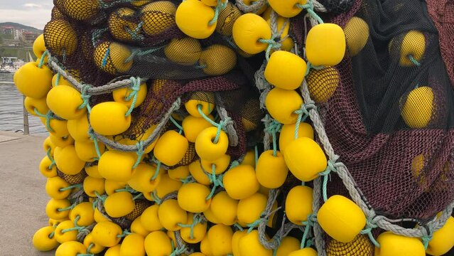 Closeup of nets in the harbor of the town of Getaria, Basque, Spain