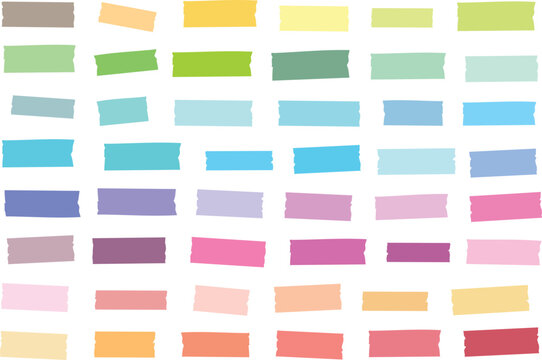 Mini washi tape strips in 48 solid pastel colors. Semi-transparent masking tape or adhesive strips. EPS file has global colors for easy color changes.