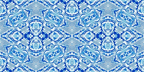  Blue white watercolor azulejo tile border background. Seamless coastal geometrical floral mosaic effect banner. Ornamental arabesque summer fashion repeat edge trim.