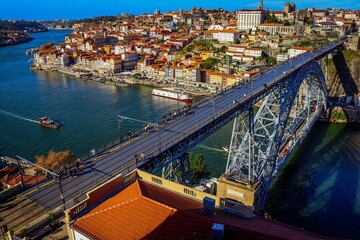 Dom Luis I Bridge in Porto, Portugal on a sunny day