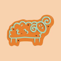 Vector hand drawn doodle illustration with animal. Christmas cookies in the shape of a ram. A pattern on gingerbread with chocolate in the form of a ram with horns. Sweets for children for holiday