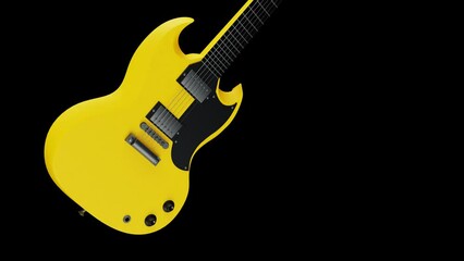 Rolling yellow-black electric guitar under black background. Concept 3D illustration of legendary rock band, advanced performance techniques and composing activities.
